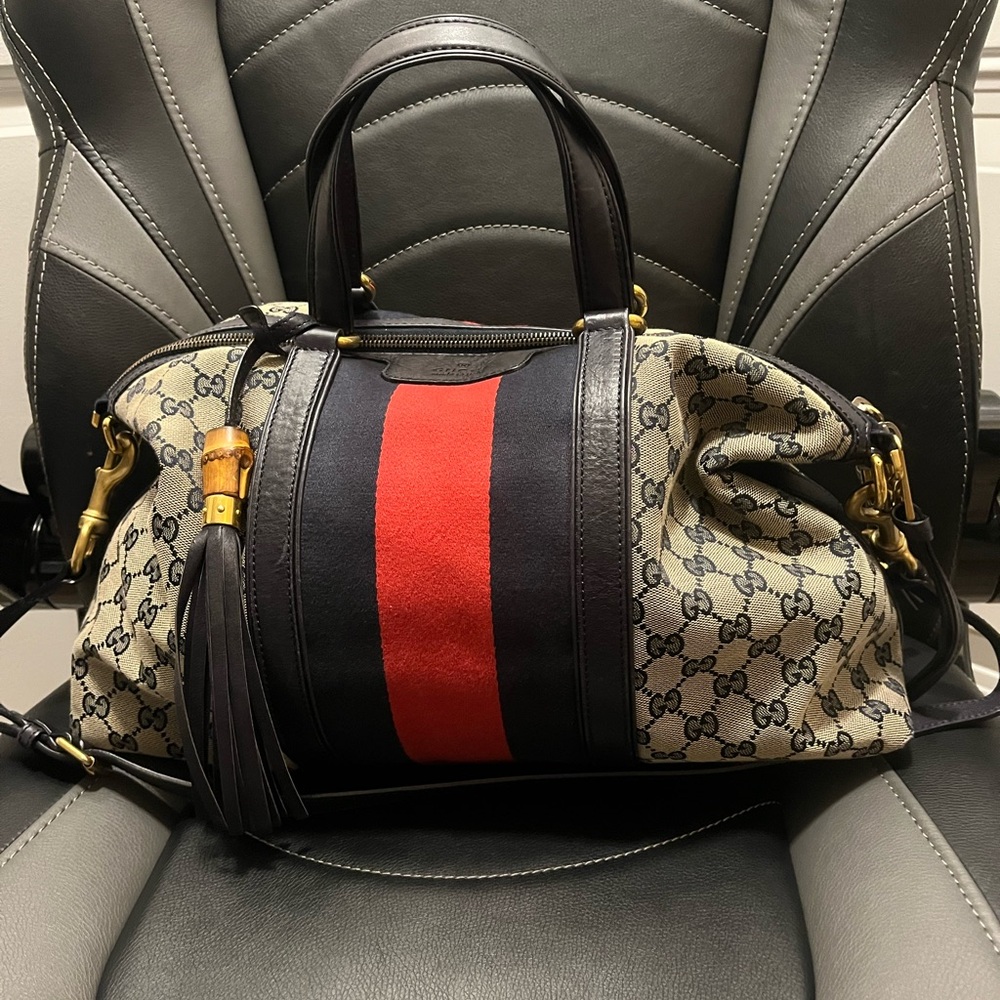 Gucci Tote Bag with Red Stripe and Black Details